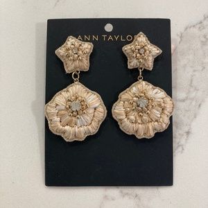 Ann Taylor Beige Tan Woven Raffia Beaded Flower Earrings